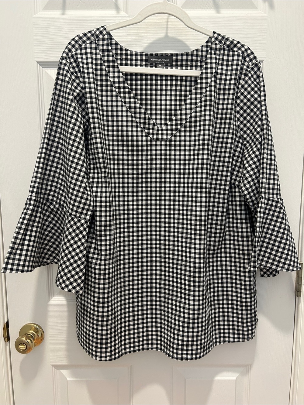 Alexander Jordan Black and White Gingham V-Neck Bell Sleeve Tunic